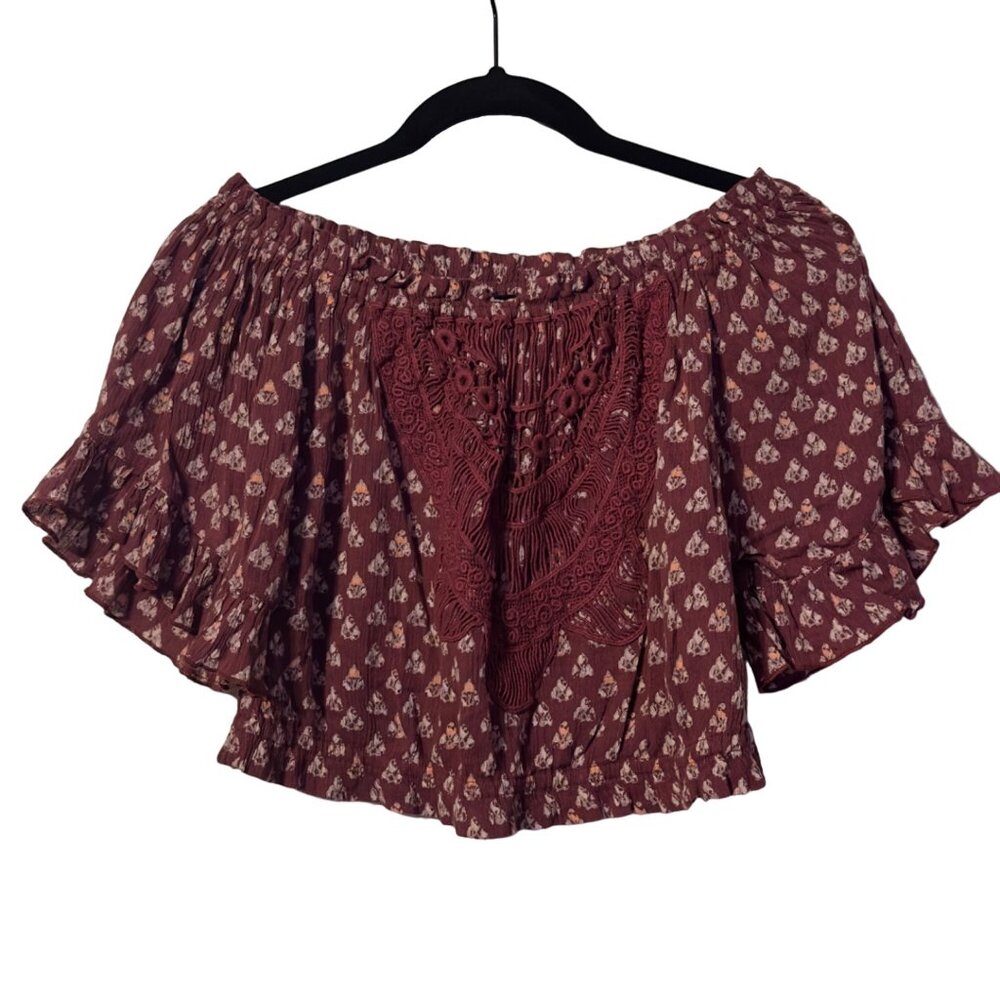 HOLLISTER Off Shoulder Smocked Crop Top Red / Burgundy with Lace Detail Size  S